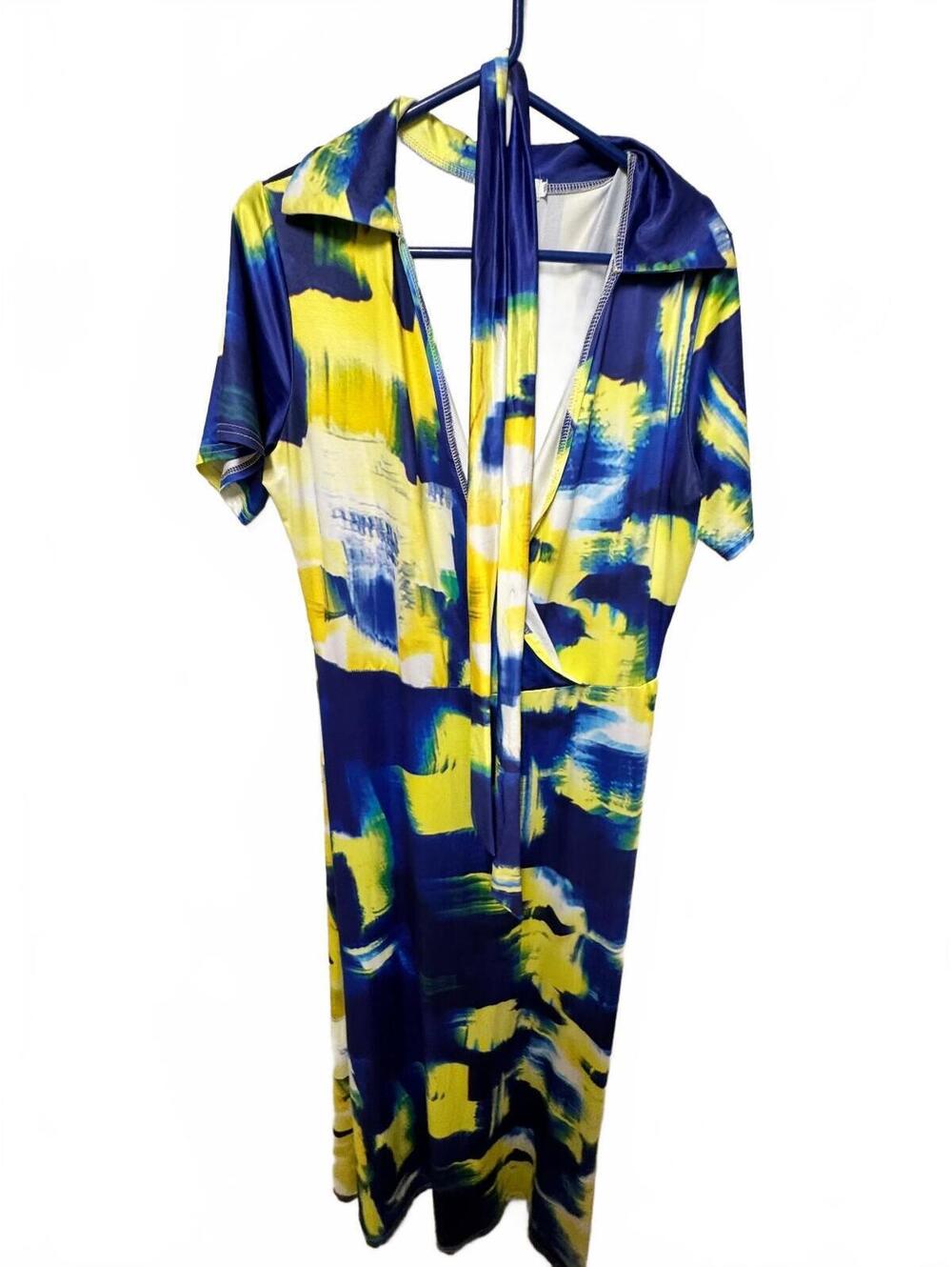 Locryz Blue & Yellow Abstract Brushstroke Tie-Neck Maxi Dress Size 2XL